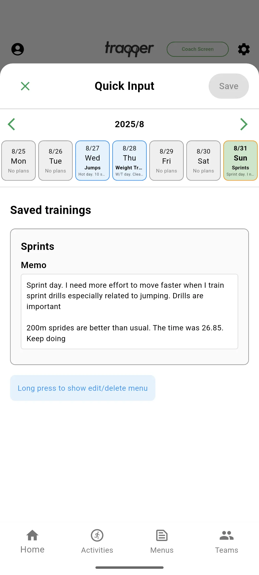 traqqer quick input screen